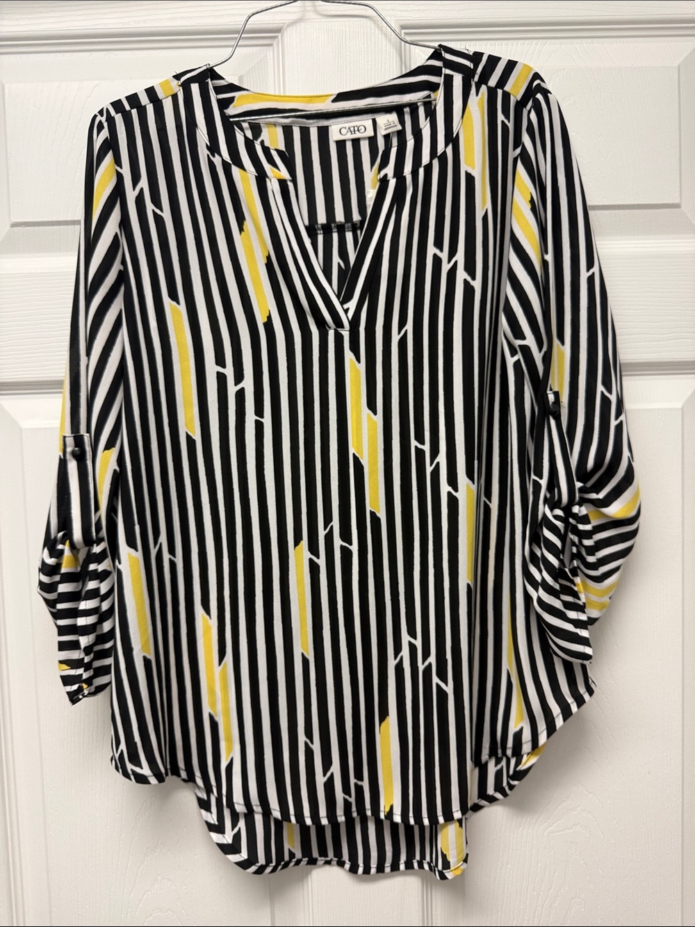 Cato Black, White & Yellow Vertical Stripe V-Neck Blouse